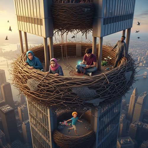 Colossal Bird's Nest in Skyscraper: Surreal Cityscape Community