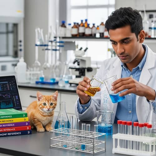 South Asian Scientist Conducts Experiment with Beakers in Lab