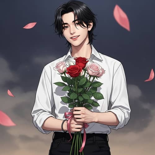 Graceful East Asian Male Pop Singer with Bouquet of Roses