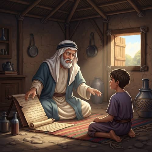 Middle-Eastern Sheikh Imparting Knowledge to Young Boy in a Simple Hut