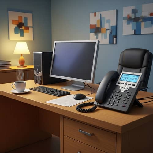 Modern Office Scene with Computer and Telephone | Creative Workspace