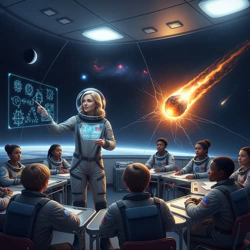 Blonde Woman Teaching Math in Space | Meteorite Strikes School Blonde Woman Teaching Math in Space | Meteorite Strikes School