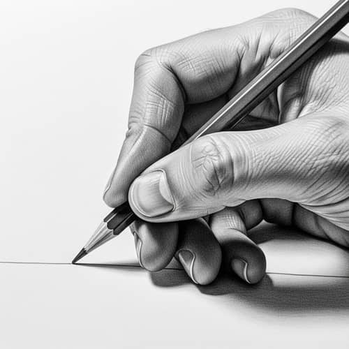 Meticulously Rendered Black-and-White Pencil Drawing of Hand Drawing Straight Line