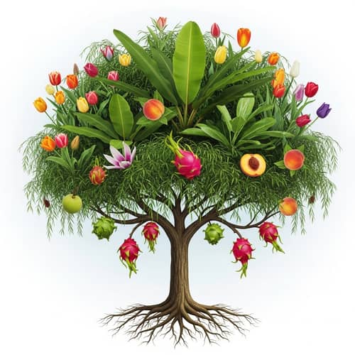 Exotic Plant Organism: Oak Tree Trunk, Weeping Willow Branches, Banana Leaves, Tulip Flowers, Dragon Fruit with Peach Succulence