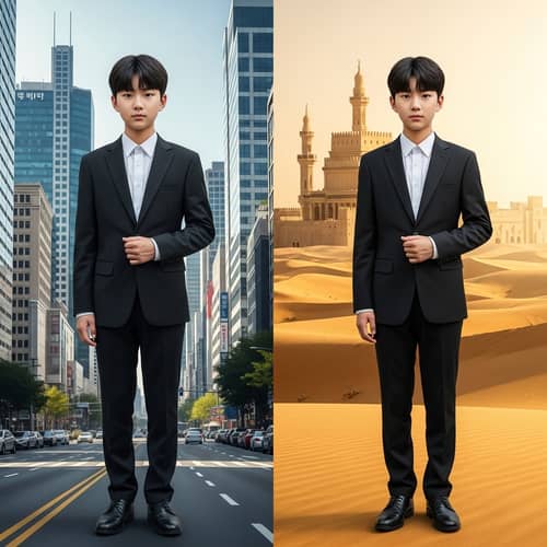 Korean Boy Transformation: 14-Year-Old in Black Suit to Saudi Arabian Setting
