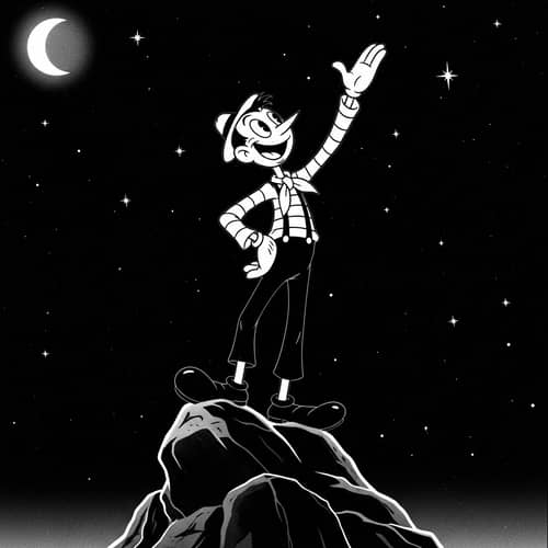 Leon Espada - Vintage Cartoon Character on Rock under Starry Sky