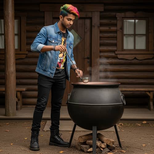 Rainbow-Haired Wizard Stirring Cauldron | Magical Scene