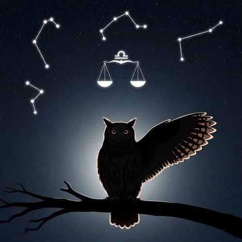 Serene Night Scene with Owl and Libra Constellation