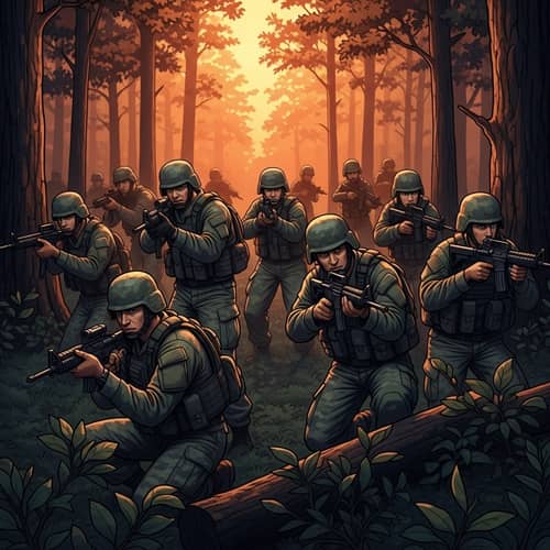 Diverse Military Scene in Dense Forest | Soldiers on Alert