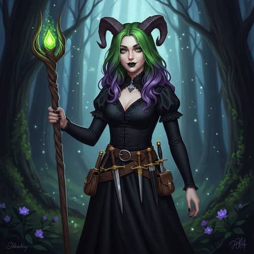 Dark Fantasy Tiefling Sorceress Girl | Gothic Dress & Magical Forest