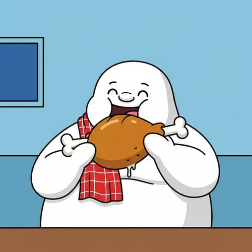Joyful Feast: Cartoon Man Devours Turkey Drumstick