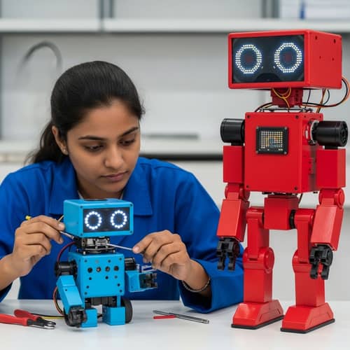 Female South Asian Engineer Repairing Robots: Blue and Red Models