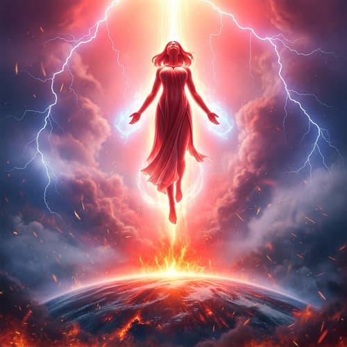 Nuwa Mythology Character in Stunning Red Sky Vision