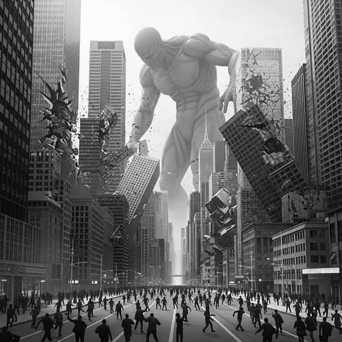 Colossal Monochrome Figure Wreaking Havoc in Metropolis