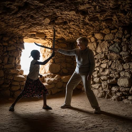 Playful Mock Battle in Rugged Stone Cave | Age-Defying Fun