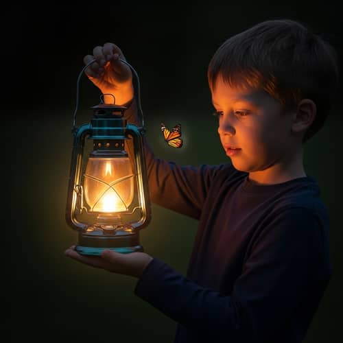 Young Boy with Glowing Lantern and Butterfly in Ethereal Scene