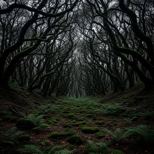 Eerie Dark Forest: Abstract Depiction of a Mysterious Landscape