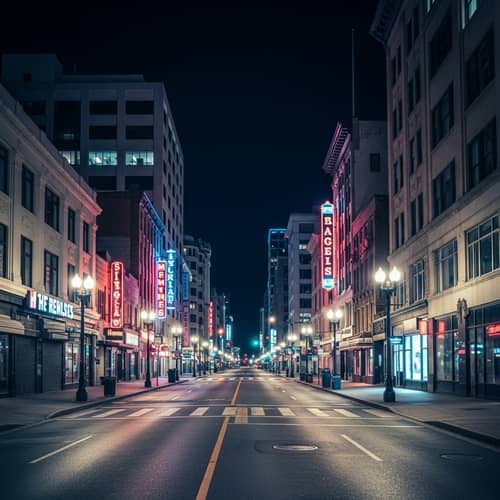 Empty City Streets: Flickering Neon Lights & Tranquil Silence