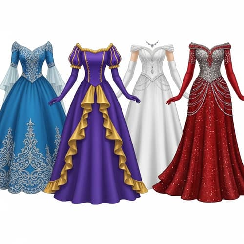 Fantasy Princess Dresses: Cerulean, Purple, White & Red