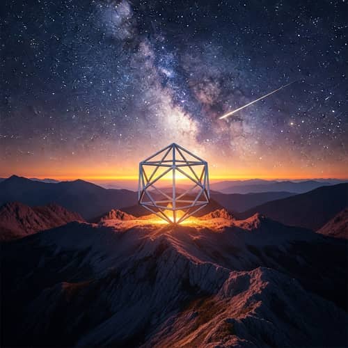 Realistic Mountain Landscape with Sacred Geometry Object at Sunset
