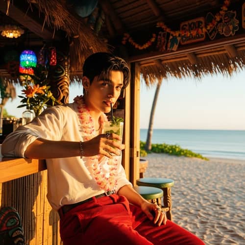 Male Pop Star Enjoying Mojito at Hawaiian Tiki Bar