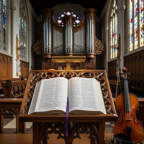 Historic Church Interior with Bible, Organ, and Violin