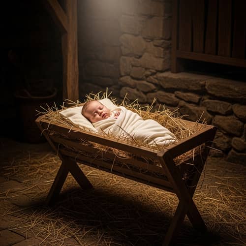 Baby Jesus Sleeping in Wooden Manger - Symbol of Hope and Renewal