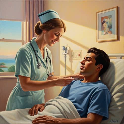 Compassionate Nurse Attending to Hispanic Male Patient in Hospital Room