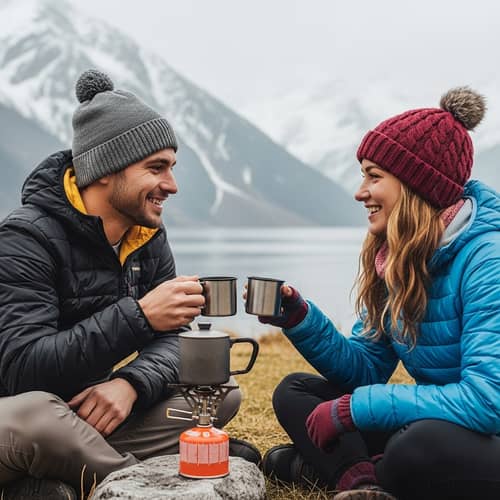 Serene Camping Trip with Happy Caucasian Couple Near Snowy Mountain