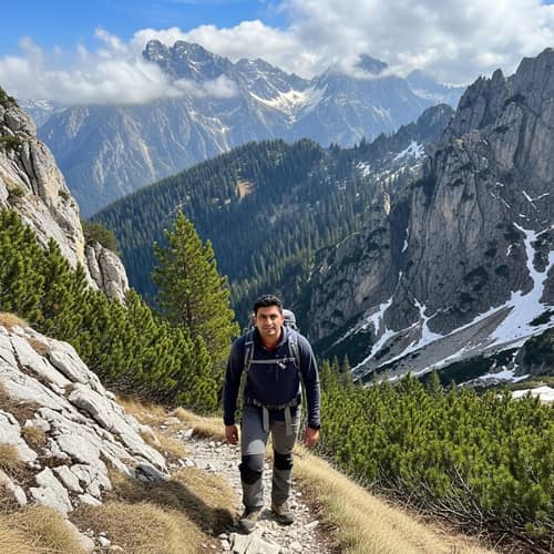 South Asian Man Hiking Through Challenging Mountain Trail