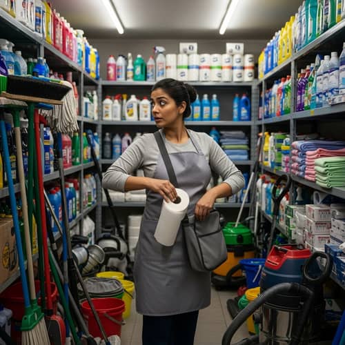 Cleaning Woman Secretly Stashing Toilet Paper in Purse | Cleaning Company Warehouse