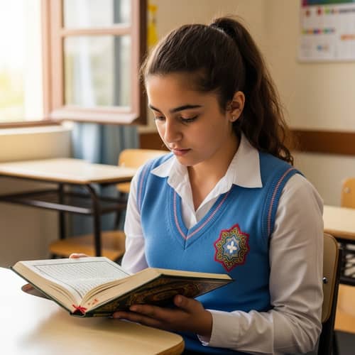 Middle-Eastern Teenage Girl Studying Holy Quran in High School Classroom