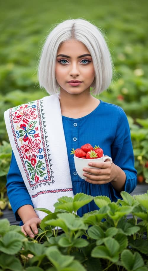South Asian Girl in Strawberry Field with Blue Eyes and White Hair