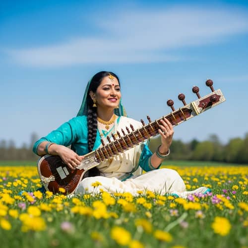 Radiant South Asian Woman Playing Sitar in Flower Field
