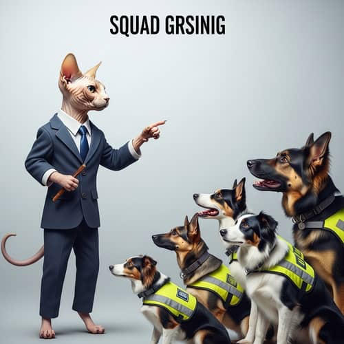 Sphynx Cat Squad Leader Directs Working Dogs | Business Scene