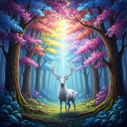 Mystical Forest with Majestic White Stag | Fantasy-Inspired Artwork