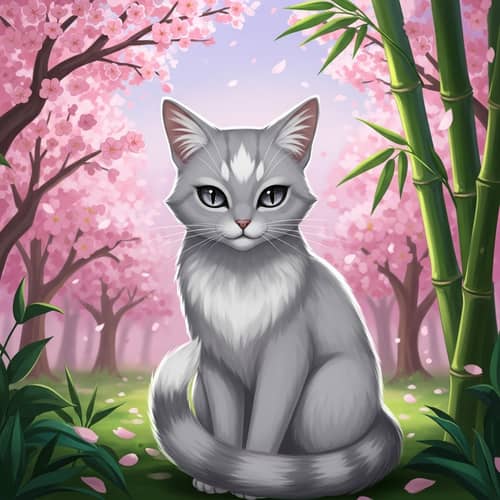 Anime-Style Cat with Silver Fur Coat