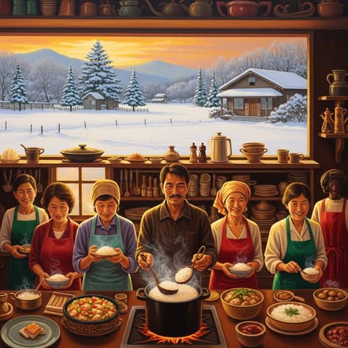 Tranquil Snow-Covered Landscape & Homely Kitchen Scene Painting