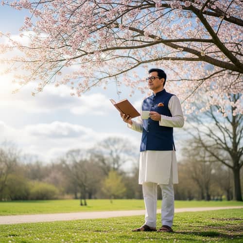 Tranquil South Asian Man Reading Book Under Cherry Blossom Tree