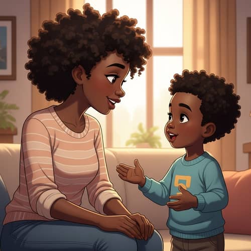 Heartfelt Cartoon Scene: Young Black Mother Talking to 5-Year-Old Son