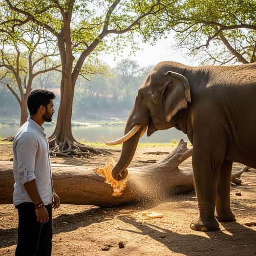 Man and Elephant in Nature | Tree Trunk Breaking Scene