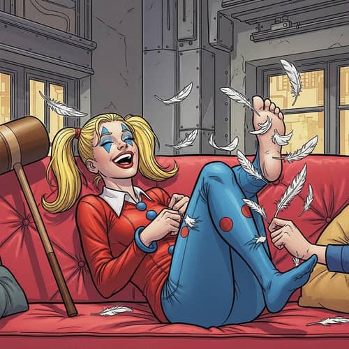 Harley Quinn Tickled: Comic Book Character Jestingly Tickled on Plush Sofa