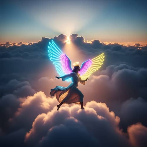 Ethereal Angel Wings Radiating Neon Glow Sprinting on Heavenly Clouds