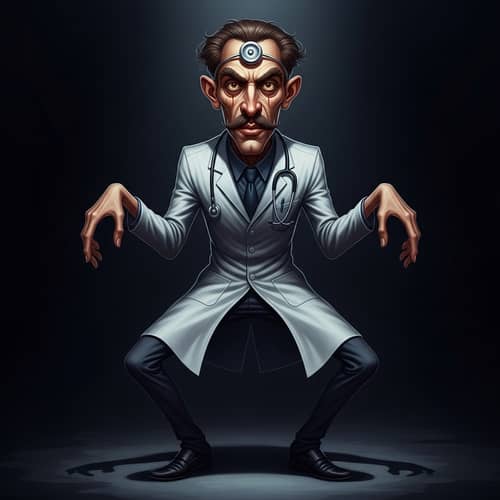 Nightmarish Gothic Art: Distorted Human Figure in Lab Coat