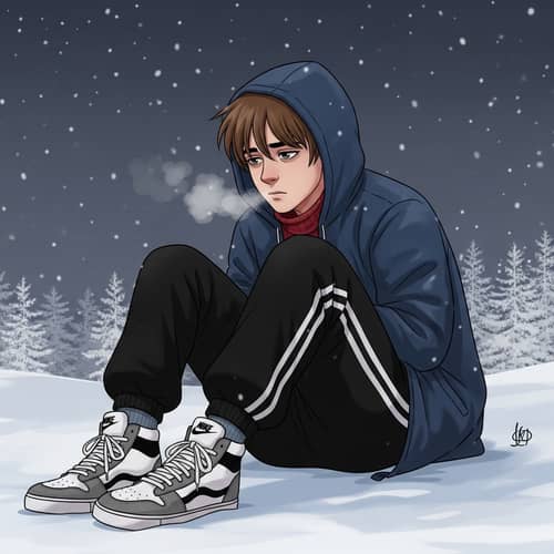 Russian Teen Boy in Winter Scene with 80s Style Sneakers