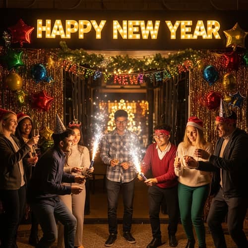Colorful Happy New Year Celebration - Festive Decorations & Joyful Moments