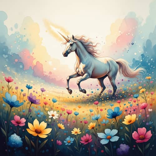 Whimsical Unicorn Galloping Through Colorful Flower Field