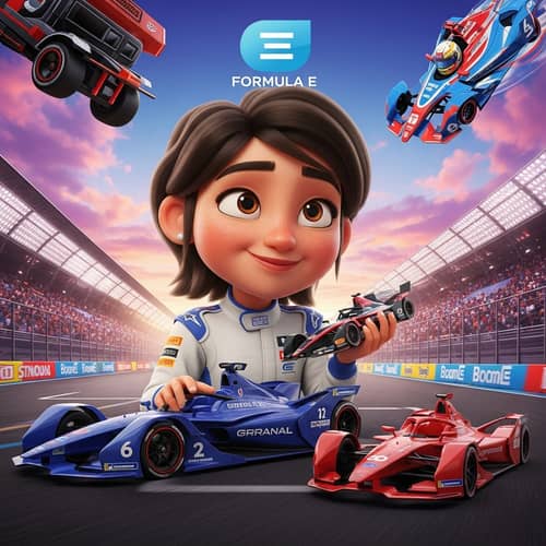 Vibrant Pixar-Style Poster: Hispanic Driver Dreaming of Formula E Racing