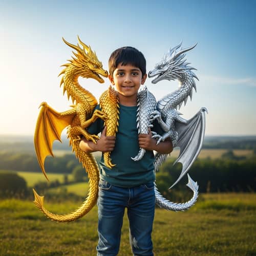 Young Boy with Golden and Silver Dragons on Grassy Hill