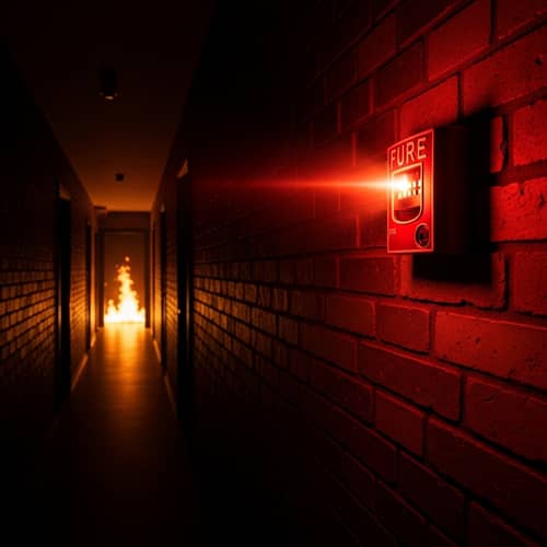 Intense Fire Alarm Scene in Dark Hallway | Eerie Flames